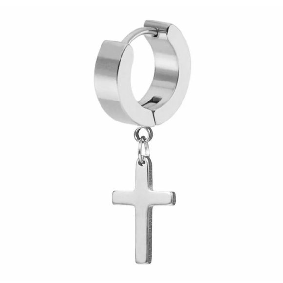 Silver Cross Earrings Dangle Hoop Huggie - Picture 1 of 3